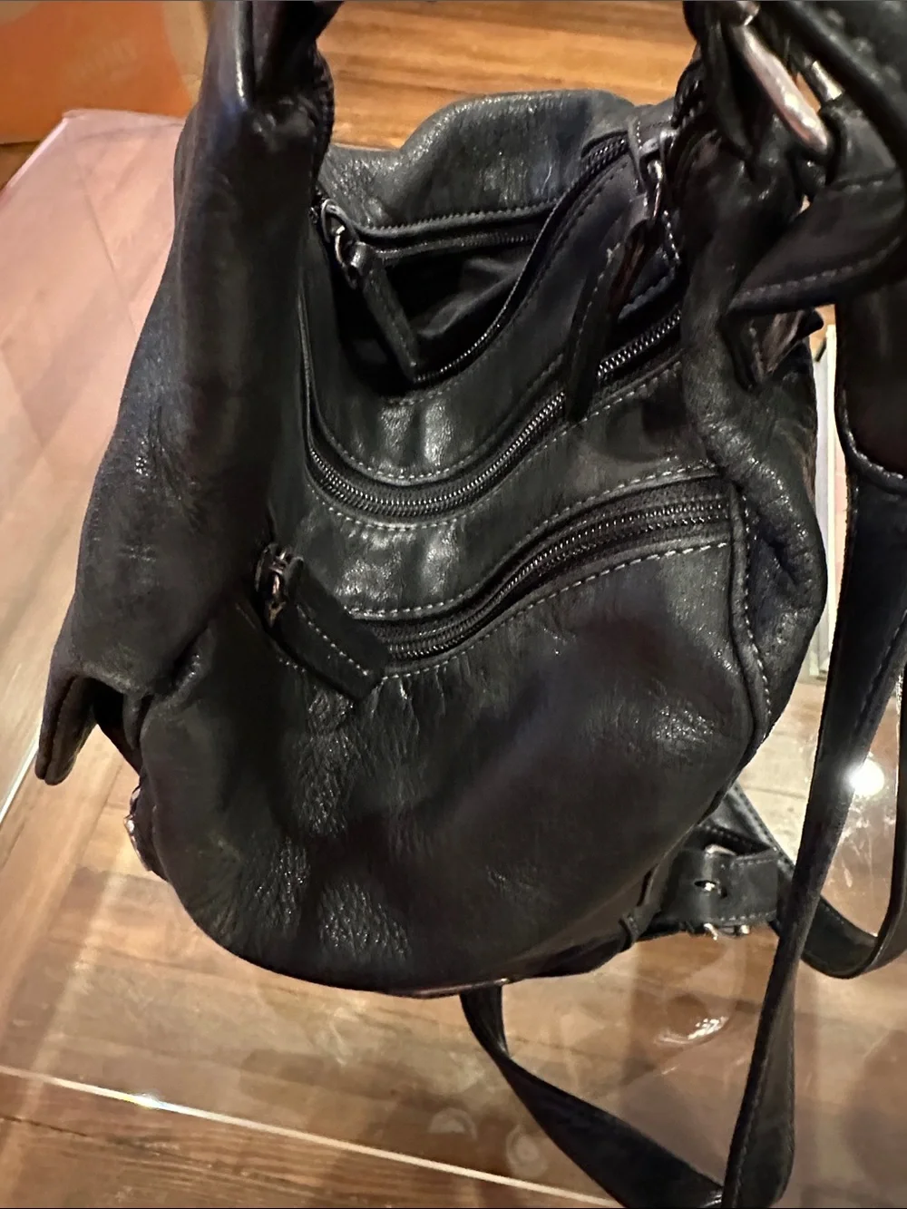 Tignanello Convertible Black Leather Backpack / Sling with Silver Hardware